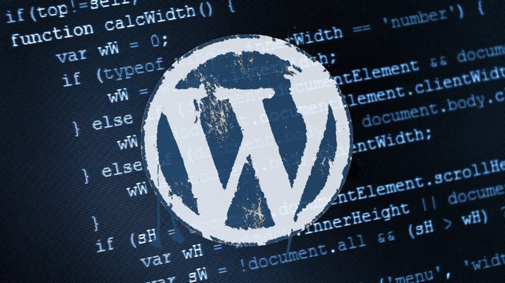 logo article wordpress botnet représenté par le logo wordpress dessiné sur un fond bleu avec du code html