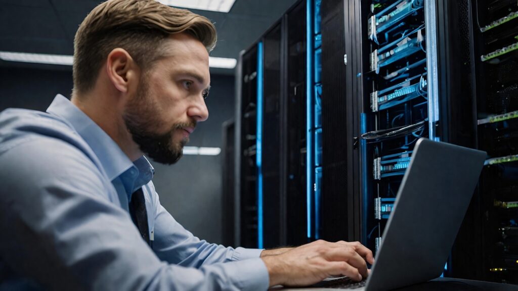 Un consultant en cybersécurité au travail sur un ordinateur portable dans une salle serveurs