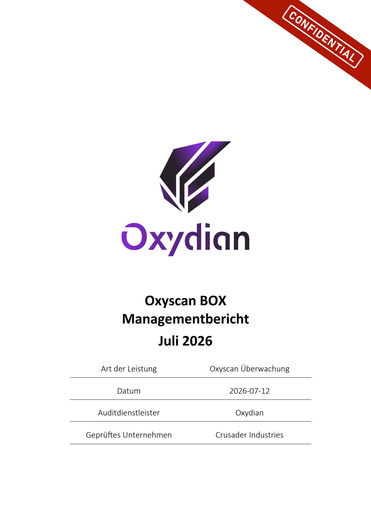 Vorschau des monatlichen Executive-Reports der Oxyscan BOX: PDF-Deckblatt