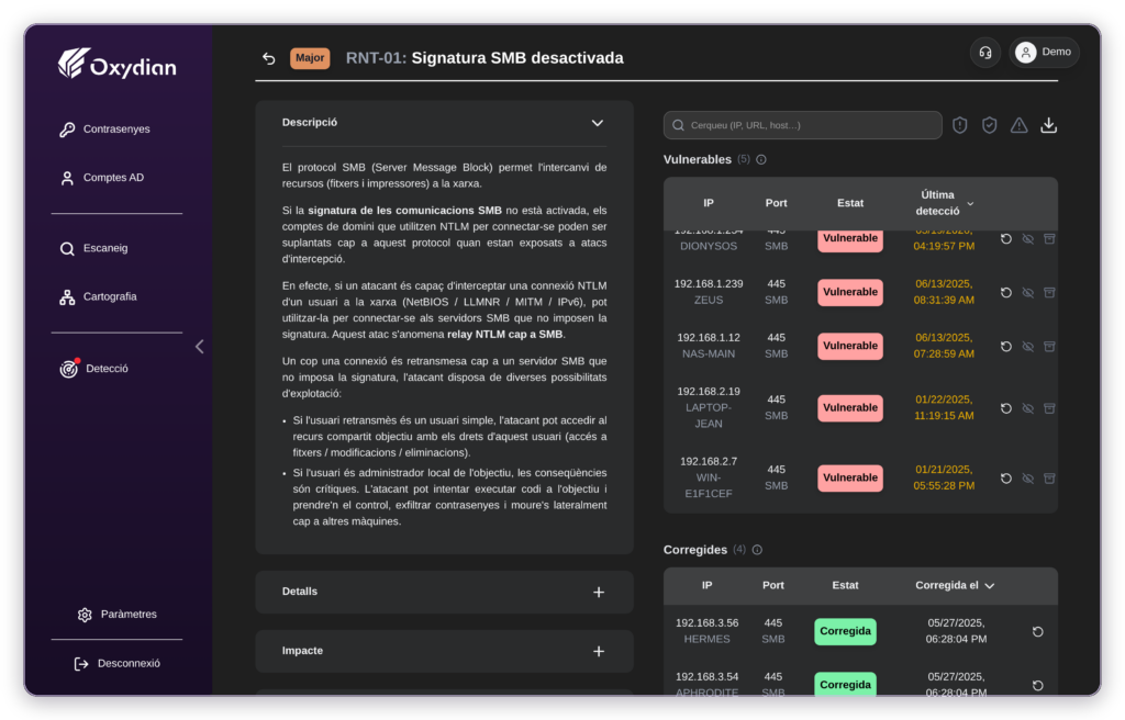 Seguiment de correccions Oxyscan: vulnerabilitats corregides amb dates de verificació