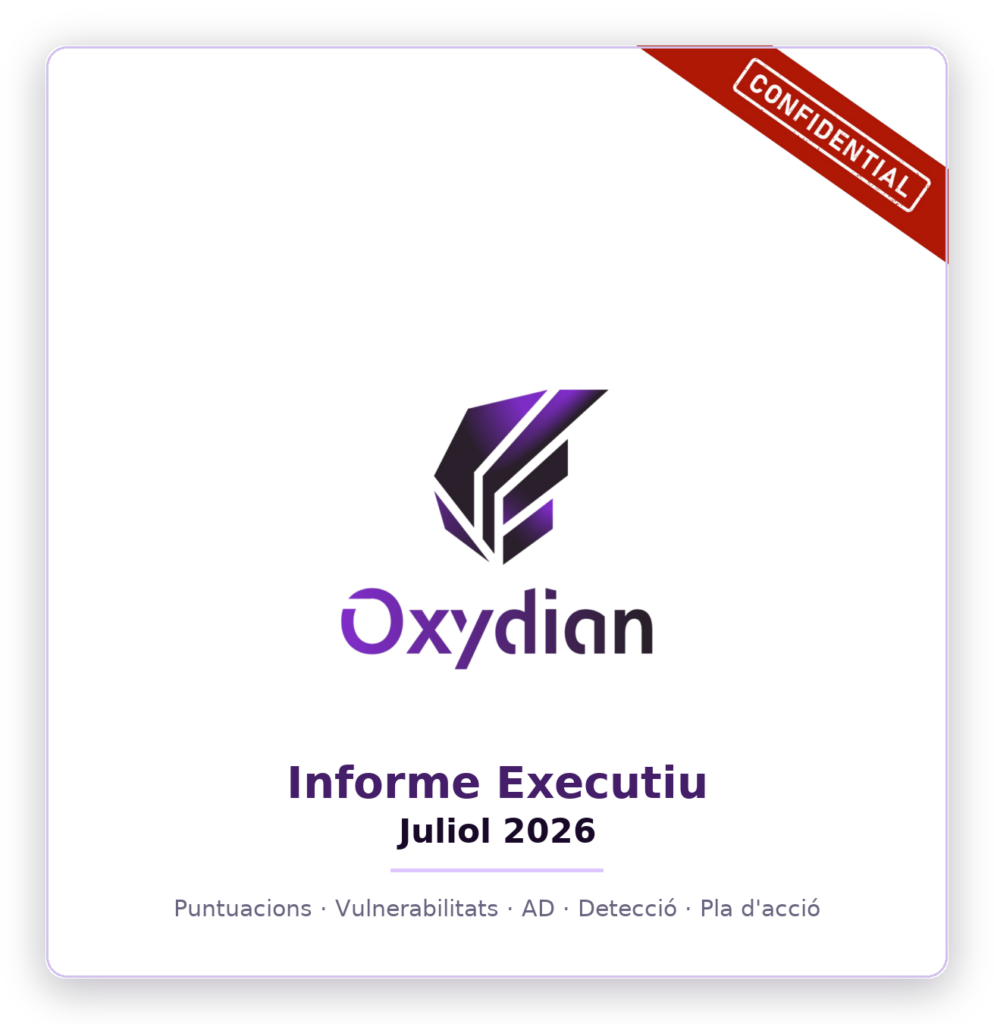 Informe executiu mensual Oxyscan: puntuacions, vulnerabilitats i pla d'acció
