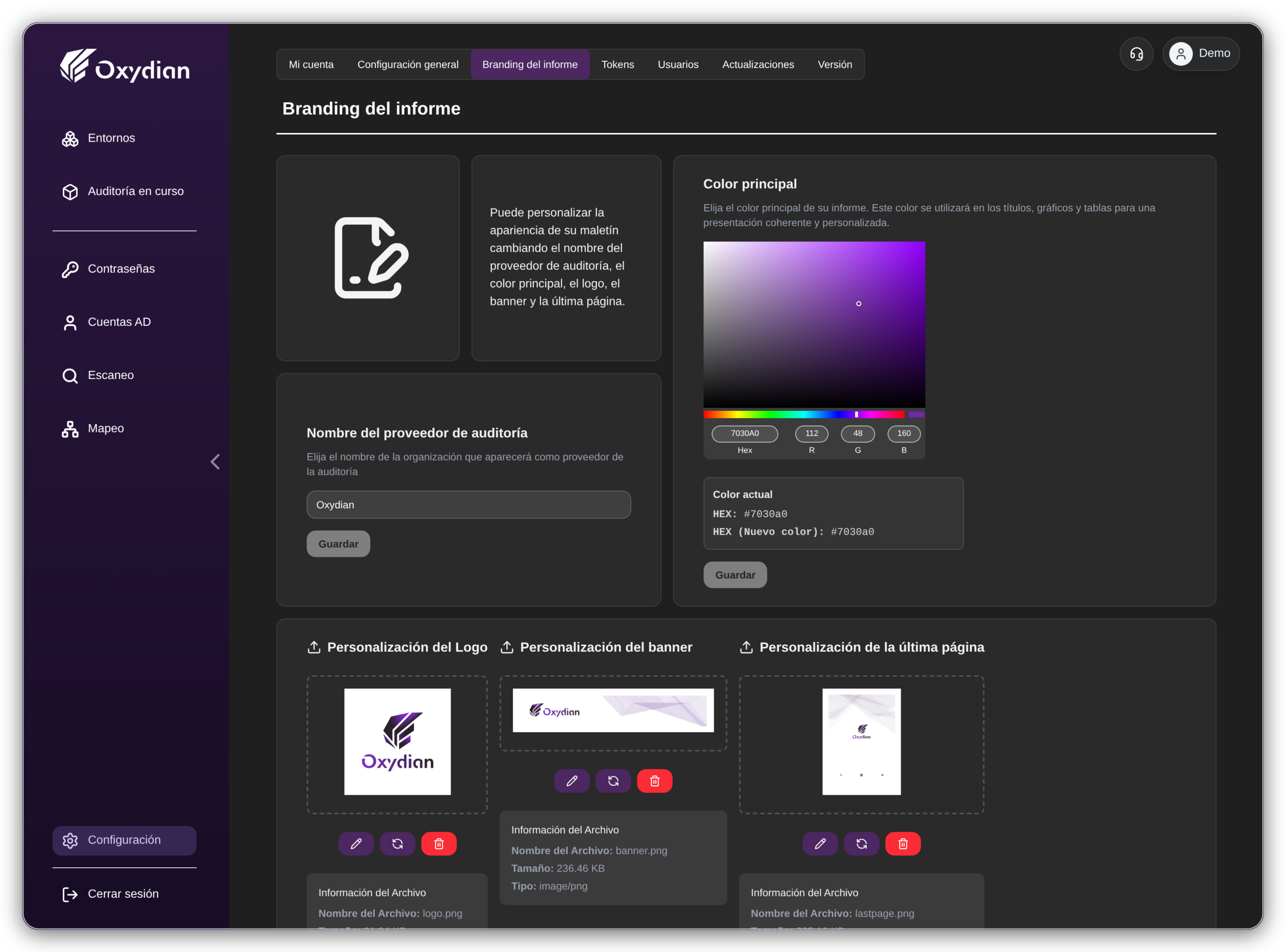 Personalización de un informe en la Valise Oxyscan: color, logotipo, banner y última página