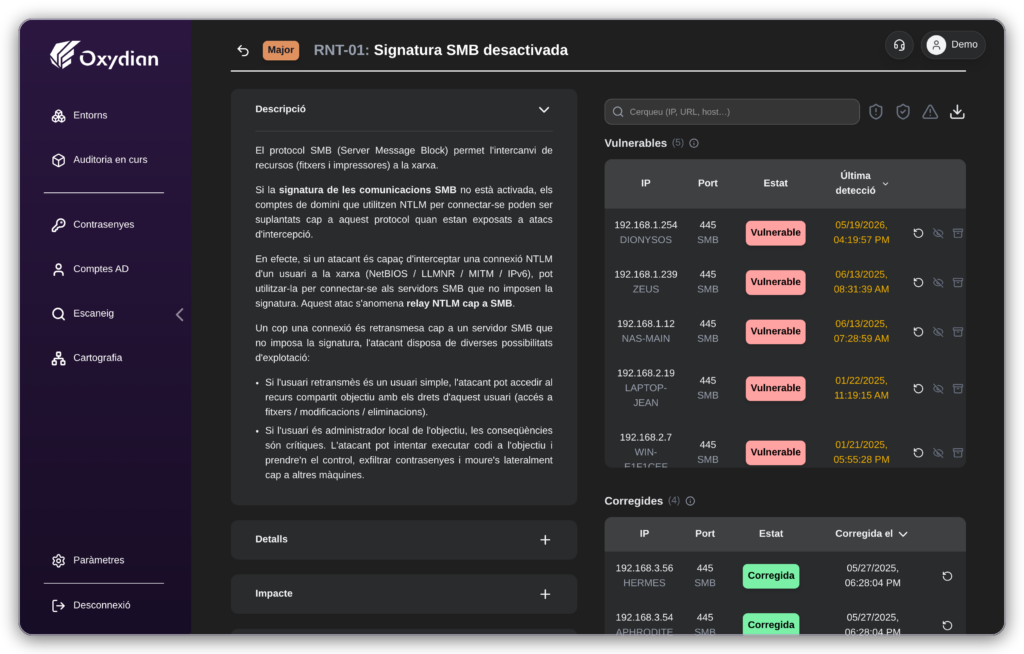 Vulnerabilitat SMB a la Valise Oxyscan: hosts vulnerables i hosts corregits amb dates