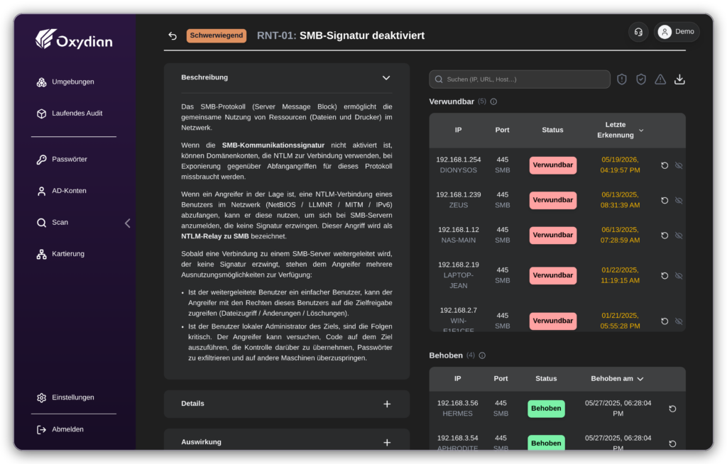 SMB-Schwachstelle in der Oxyscan Valise: verwundbare und behobene Hosts mit Daten