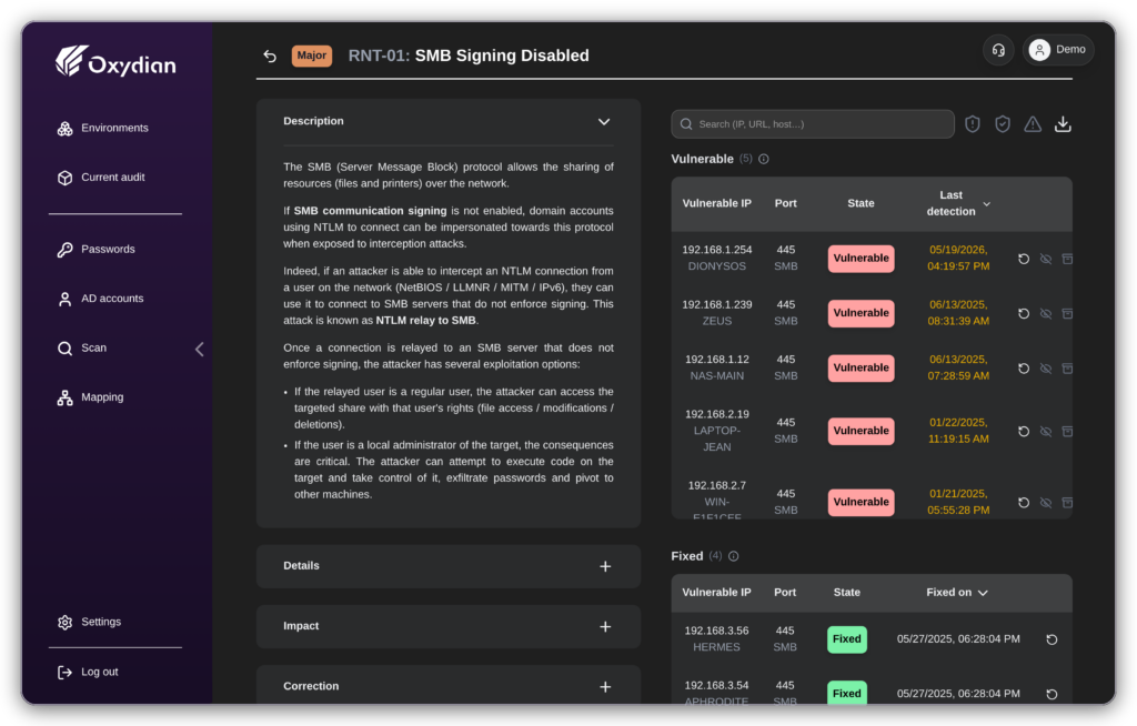 SMB vulnerability in the Oxyscan Valise: vulnerable hosts and fixed hosts with dates