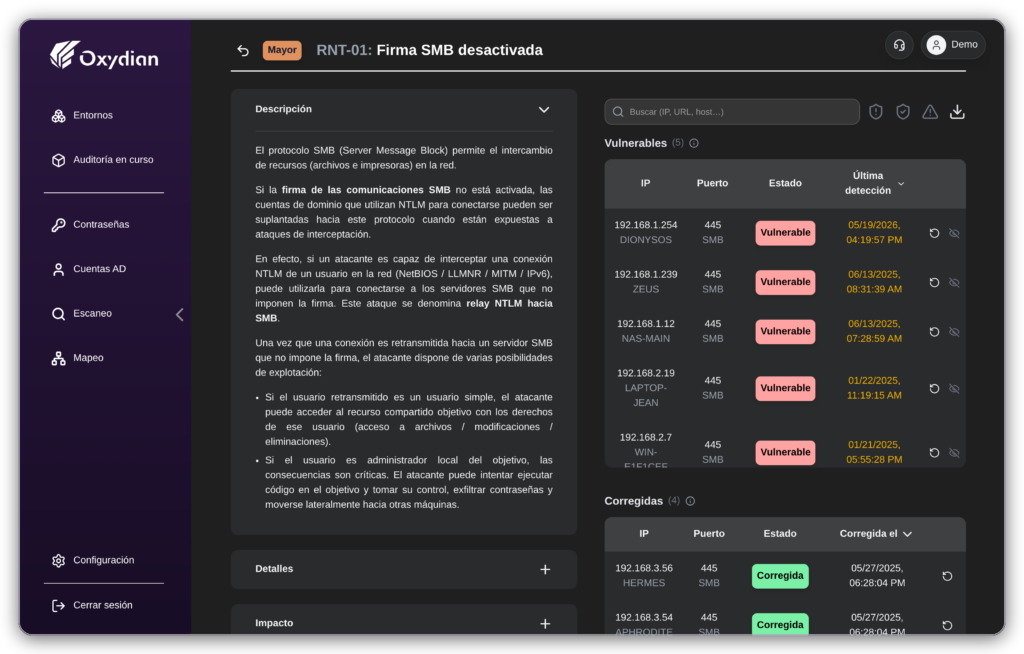 Vulnerabilidad SMB en la Valise Oxyscan: hosts vulnerables y hosts corregidos con fechas