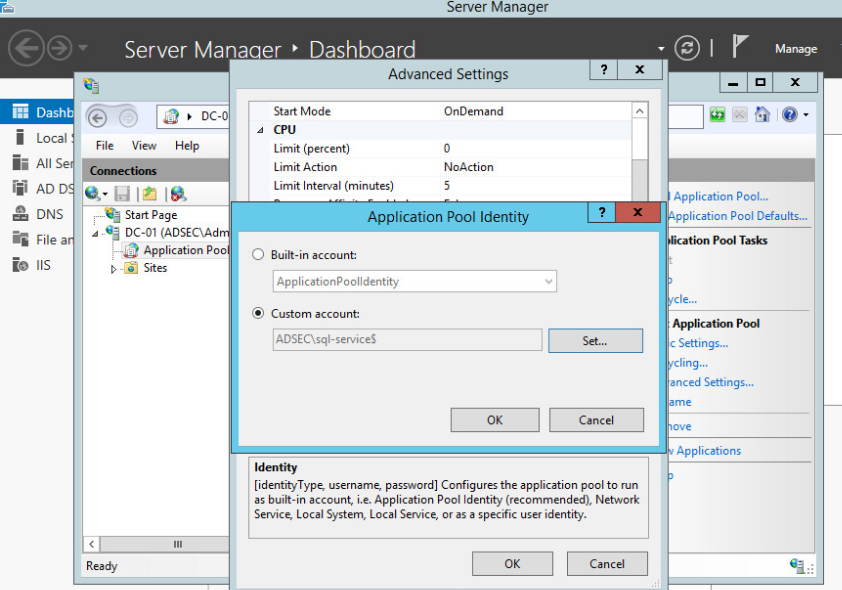 Assignation d'un compte de service géré (gMSA) comme identité d'un pool d'applications IIS dans le gestionnaire de serveur Windows