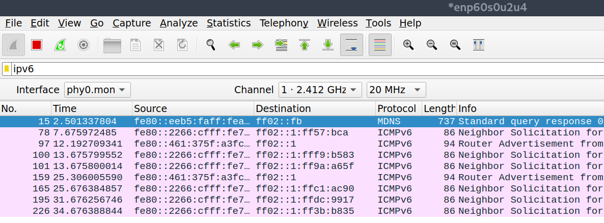 Capture Wireshark de trafic IPv6 sur un réseau local, annonces de routeur et sollicitations de voisin en ICMPv6