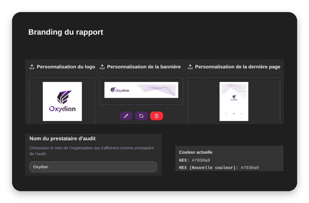 Branding du rapport d'audit : logo, couleurs et nom du prestataire personnalisés