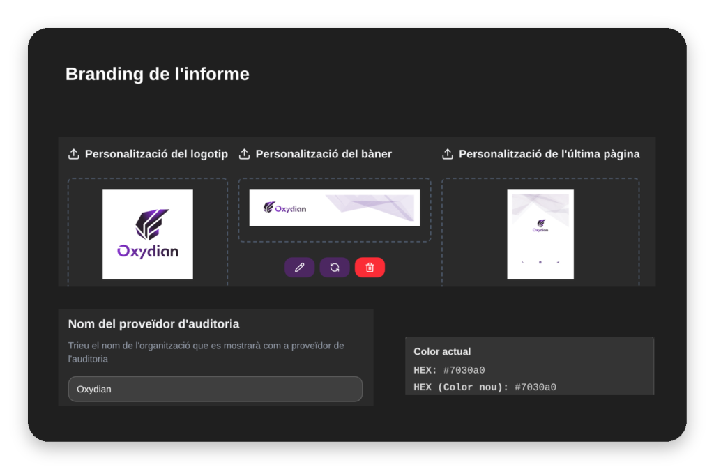 Personalització de l'informe d'auditoria: logotip, colors i nom del proveïdor