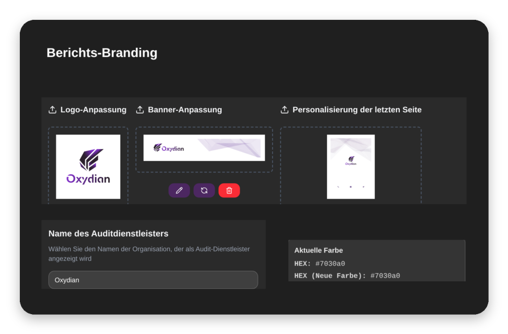 Branding des Auditberichts: eigenes Logo, Farben und Anbietername