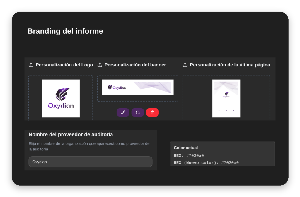 Personalización del informe de auditoría: logotipo, colores y nombre del proveedor