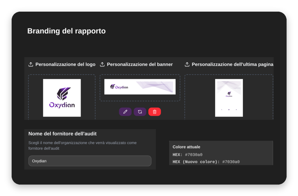 Branding del report di audit: logo, colori e nome del fornitore personalizzati